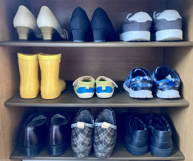靴箱の中に並ぶ様々なサイズの靴