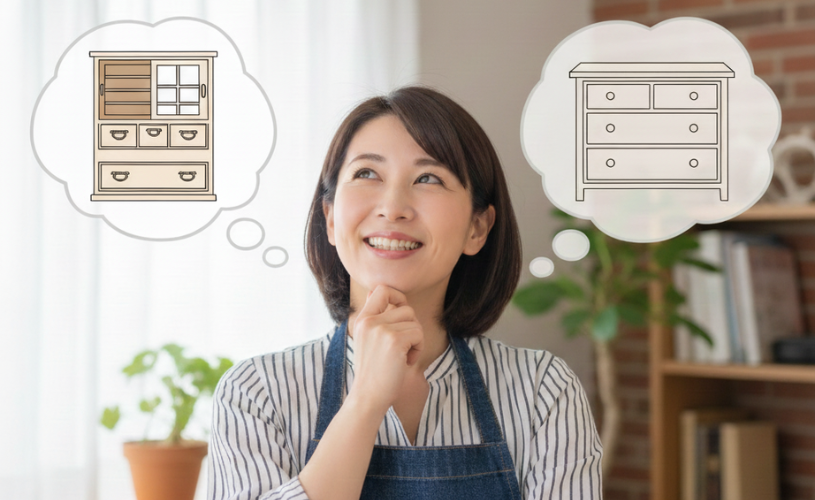 チェスト上の収納を考える女性