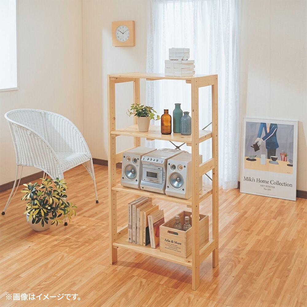 ウッドラック 幅58.5cm オープンシェルフ ナチュラル 4段 クリア 木製棚